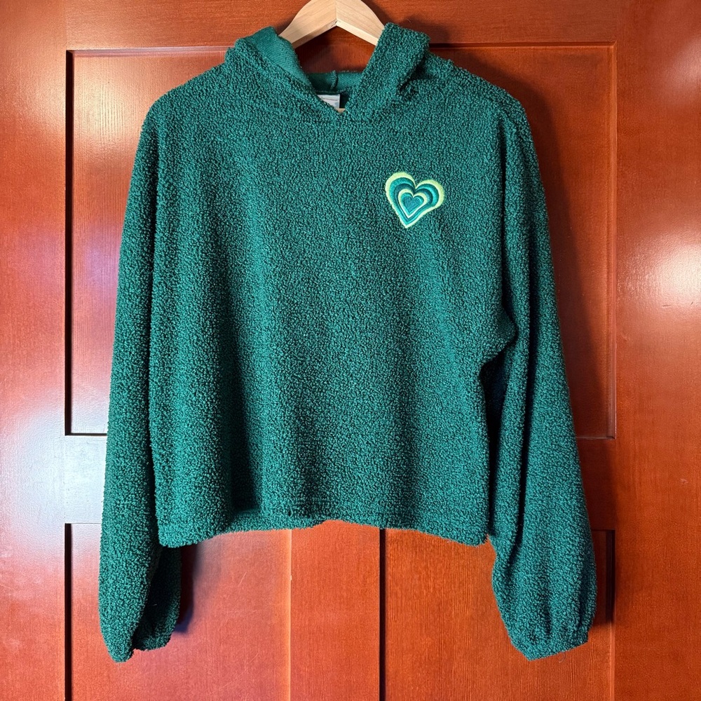 No Boundaries Green Fleece Hoodie with Heart Patch